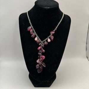 Necklace 22” + 3” Y Drop Purple Iridescent Stones Beads Silver Tone